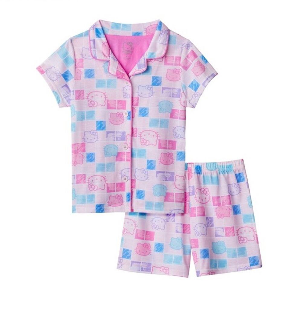 Hello Kitty Pink Button Up Short Sleeve Top Shorts Girls’ Pajama Set Size 10